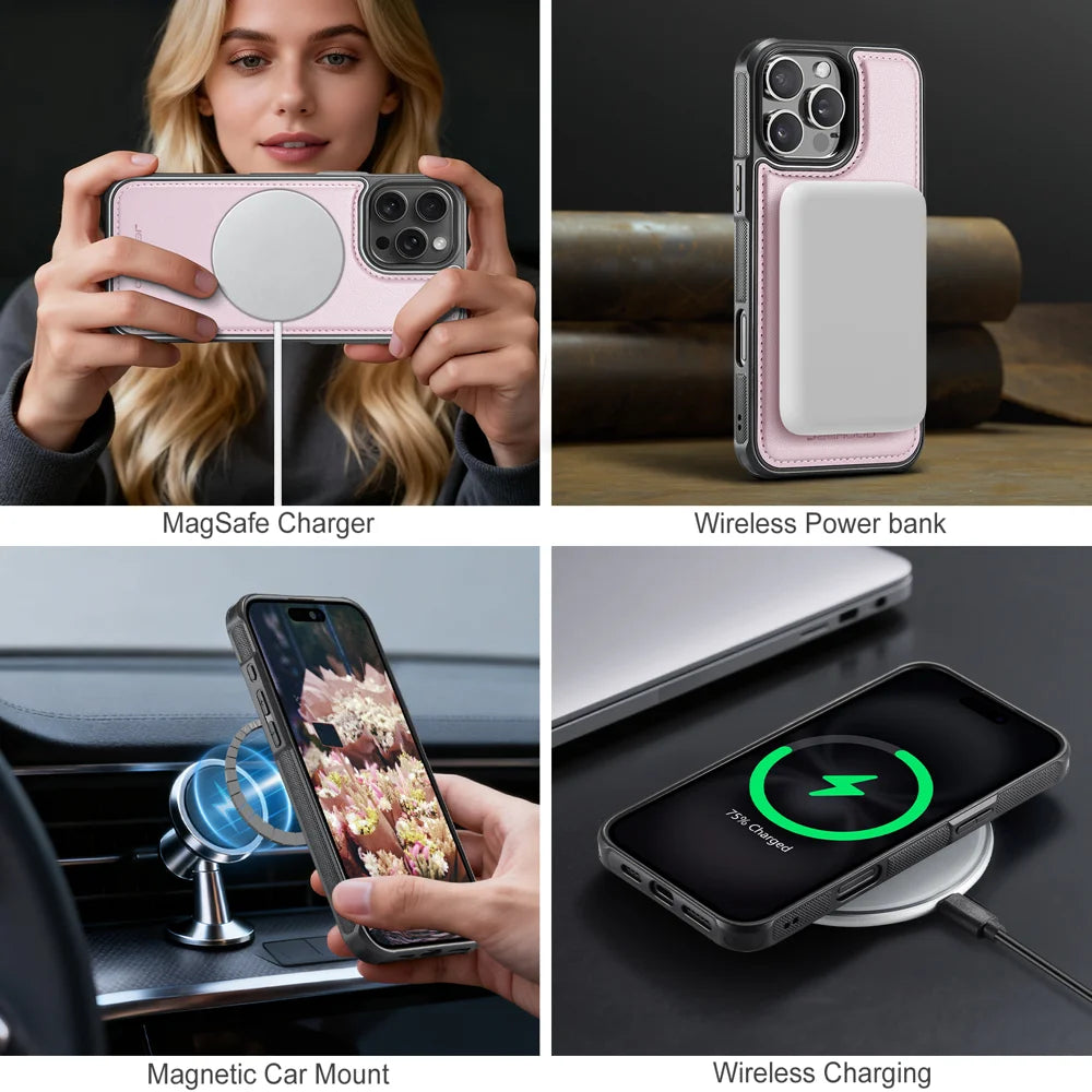 JEEHOOD For iPhone 16 Pro Max Case  J10  Compatible with MagSafe Leather Back Phone Cover with Detachable Card Holder Kickstand - Pink - 7