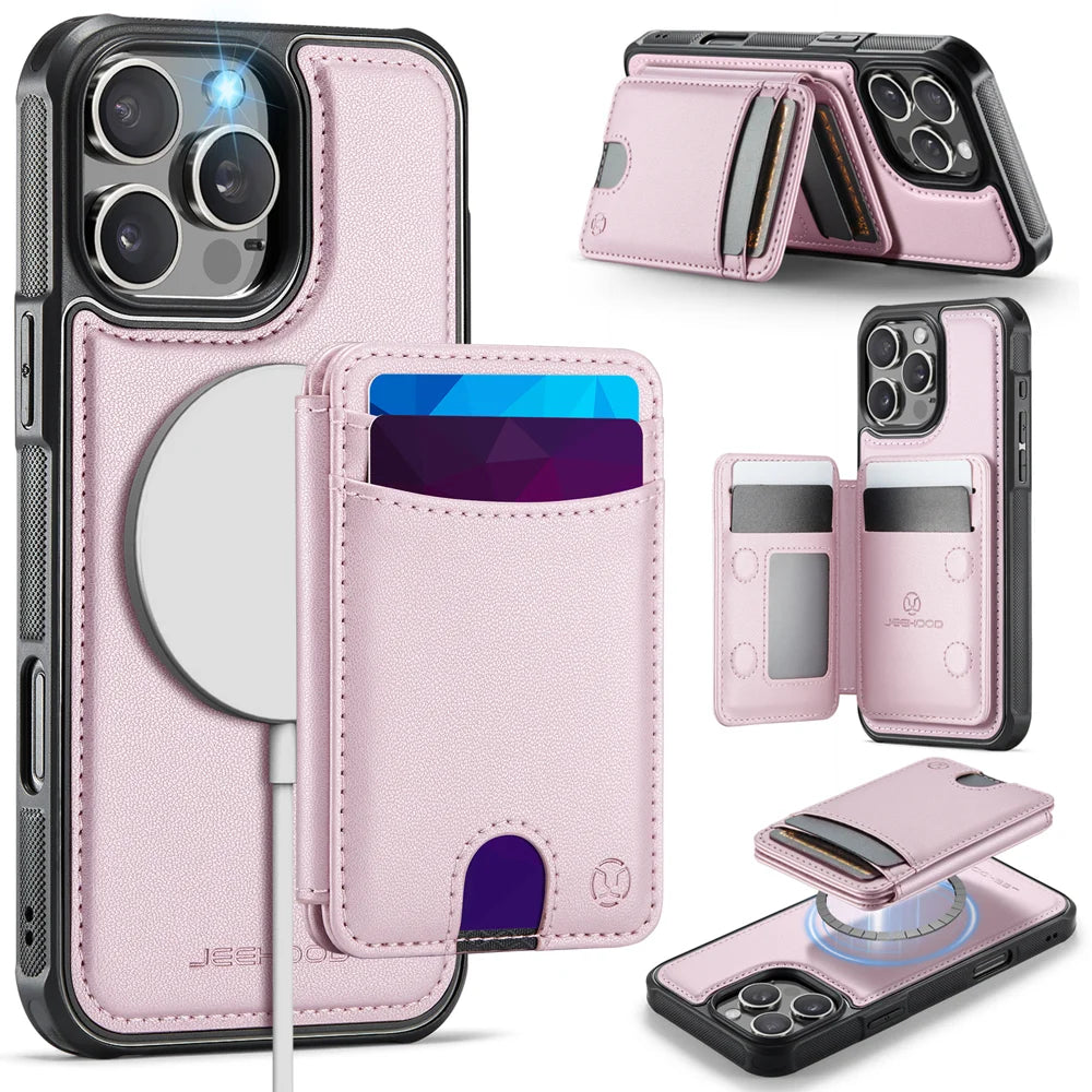 JEEHOOD For iPhone 16 Pro Case  J10  Compatible with MagSafe Leather Back Phone Cover with Detachable Card Holder Kickstand - Pink - 1