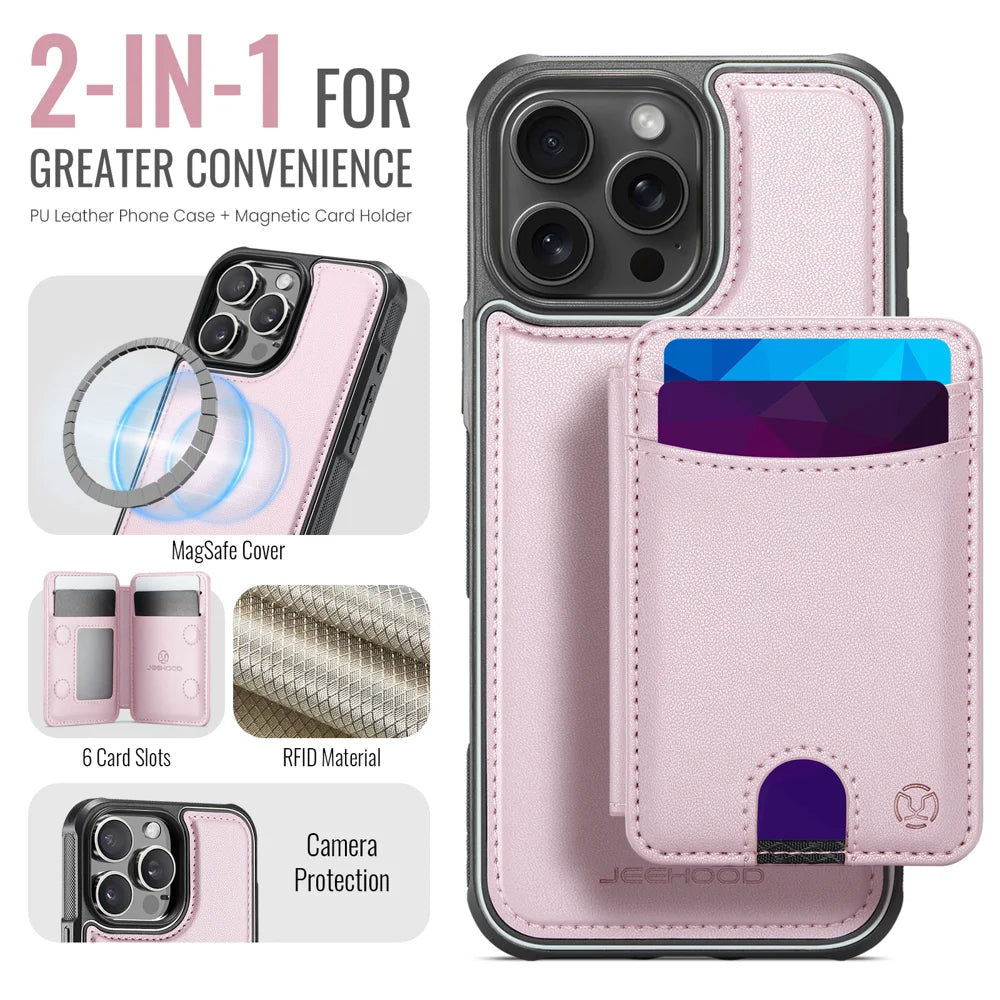 JEEHOOD For iPhone 16 Pro Case  J10  Compatible with MagSafe Leather Back Phone Cover with Detachable Card Holder Kickstand - Pink - 2