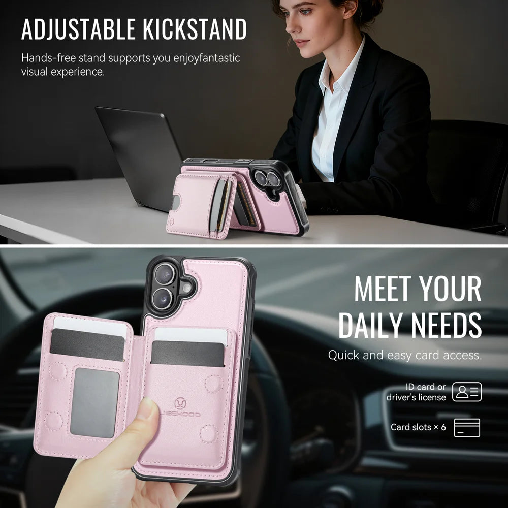 JEEHOOD For iPhone 16 Plus Case  J10  Compatible with MagSafe Leather Back Phone Cover with Detachable Card Holder Kickstand - Pink - 4