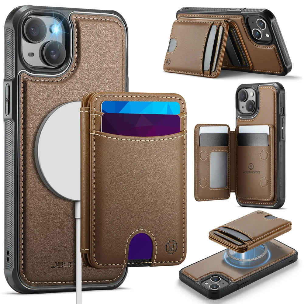 JEEHOOD For iPhone 15 Case  J10  Compatible with MagSafe Leather Back Phone Cover with Detachable Card Holder Kickstand - Brown - 1