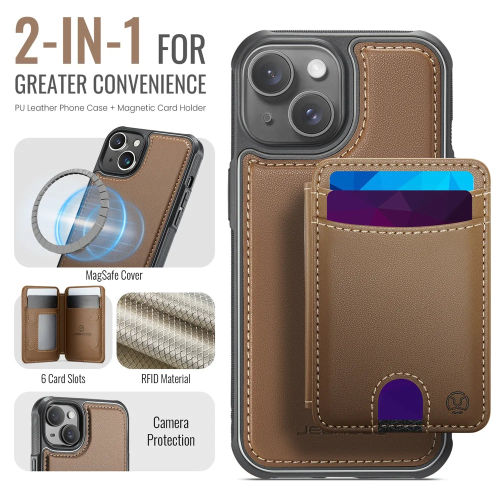 JEEHOOD For iPhone 15 Case  J10  Compatible with MagSafe Leather Back Phone Cover with Detachable Card Holder Kickstand - Brown - 2