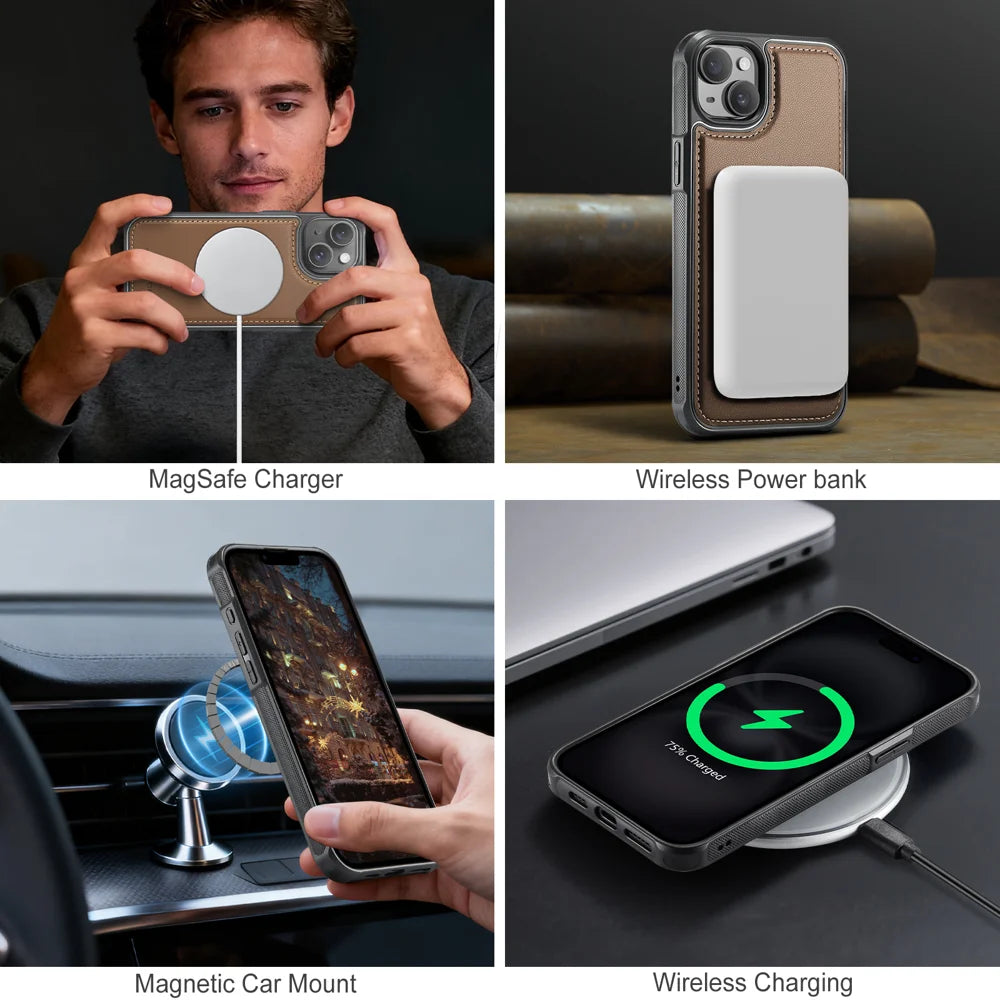JEEHOOD For iPhone 15 Case  J10  Compatible with MagSafe Leather Back Phone Cover with Detachable Card Holder Kickstand - Brown - 7