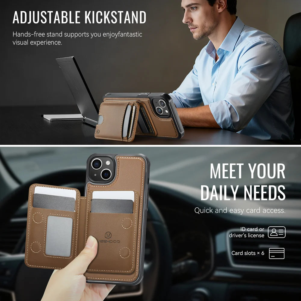 JEEHOOD For iPhone 14 Plus Case  J10  Compatible with MagSafe Leather Back Phone Cover with Detachable Card Holder Kickstand - Brown - 4