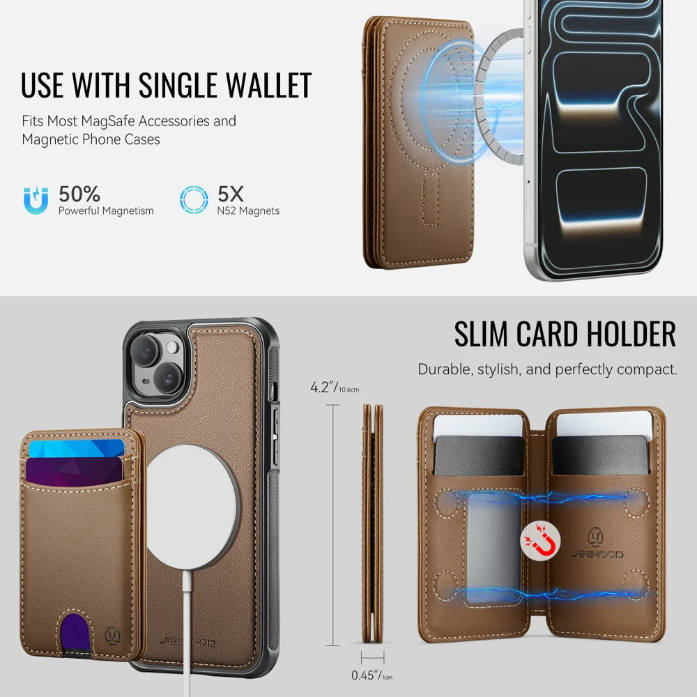 JEEHOOD For iPhone 14 Plus Case  J10  Compatible with MagSafe Leather Back Phone Cover with Detachable Card Holder Kickstand - Brown - 6
