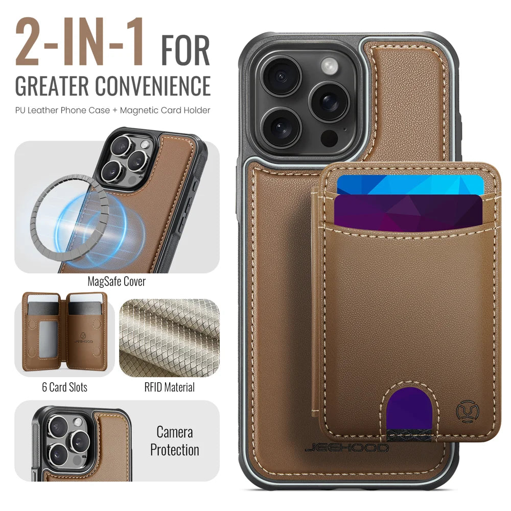 JEEHOOD For iPhone 15 Pro Case  J10  Compatible with MagSafe Leather Back Phone Cover with Detachable Card Holder Kickstand - Brown - 2