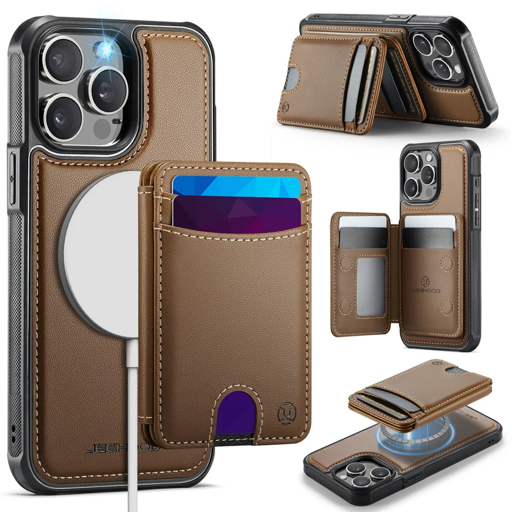 JEEHOOD For iPhone 15 Pro Max Case  J10  Compatible with MagSafe Leather Back Phone Cover with Detachable Card Holder Kickstand - Brown - 1