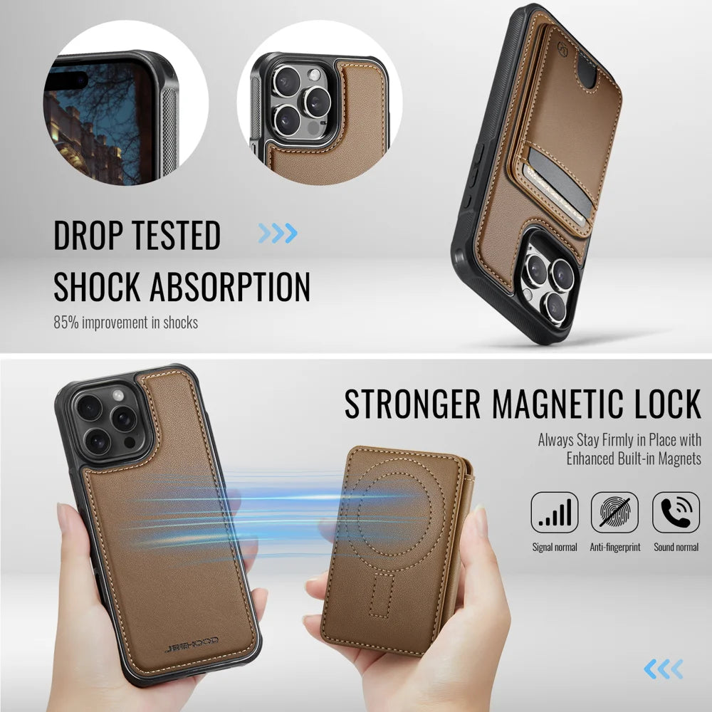 JEEHOOD For iPhone 15 Pro Max Case  J10  Compatible with MagSafe Leather Back Phone Cover with Detachable Card Holder Kickstand - Brown - 3