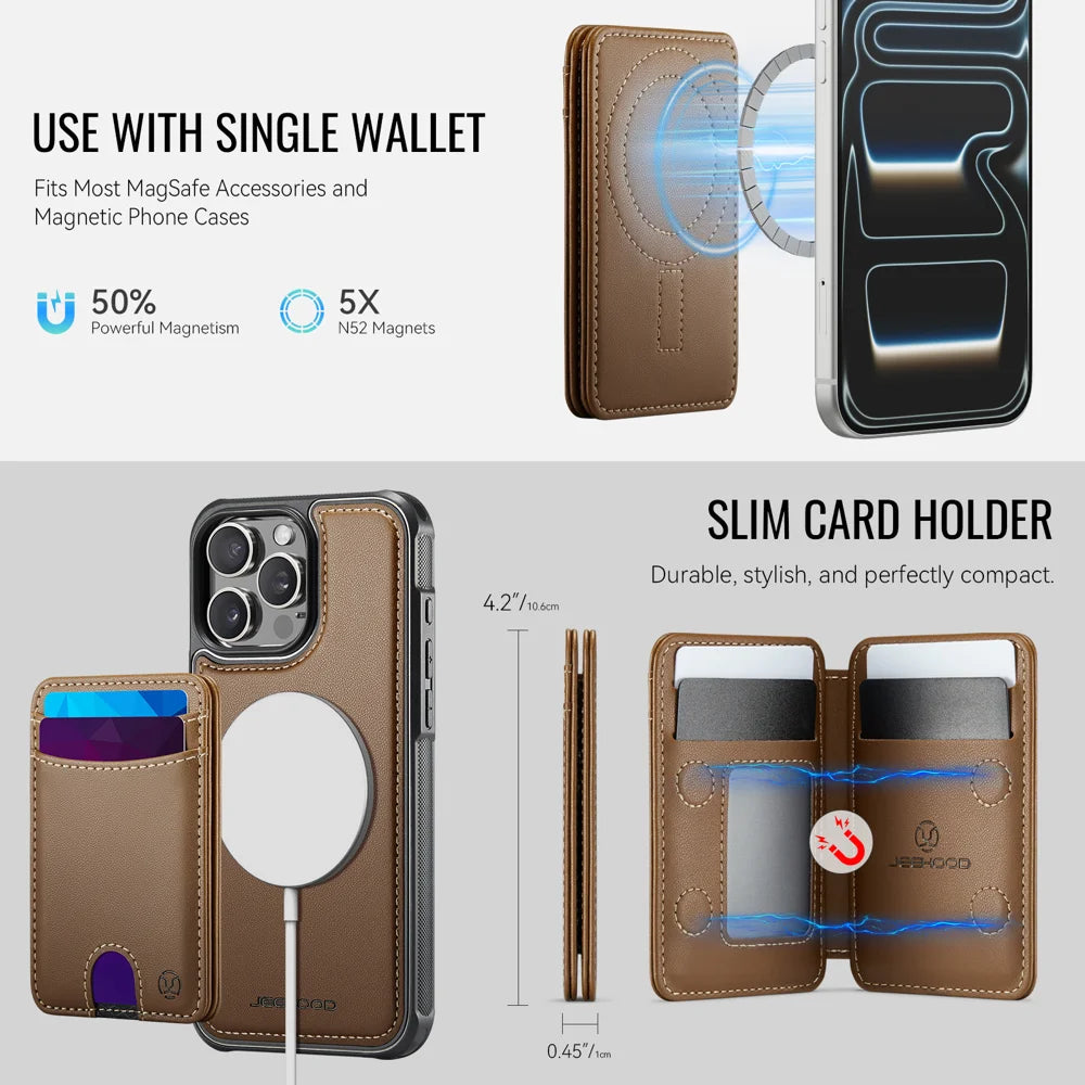 JEEHOOD For iPhone 15 Pro Max Case  J10  Compatible with MagSafe Leather Back Phone Cover with Detachable Card Holder Kickstand - Brown - 6