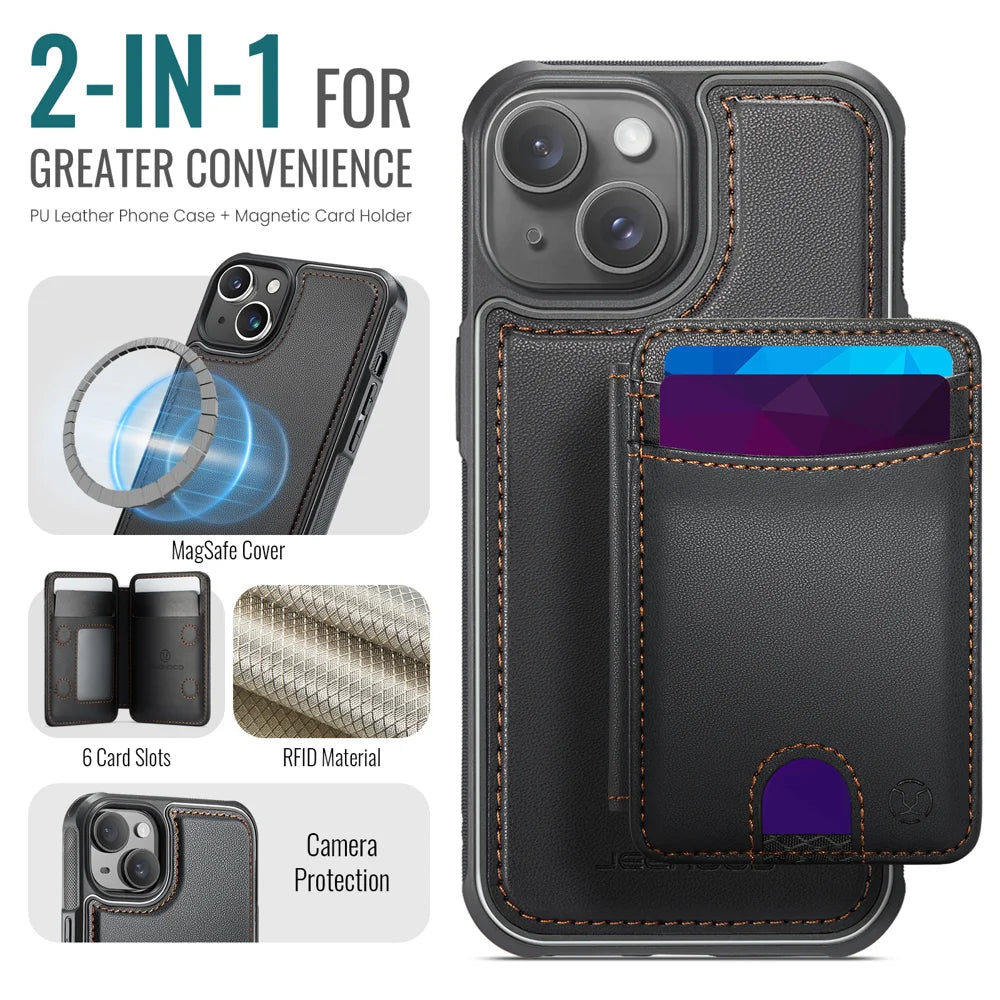 JEEHOOD For iPhone 14 Case  J10  Compatible with MagSafe Leather Back Phone Cover with Detachable Card Holder Kickstand - Black - 2