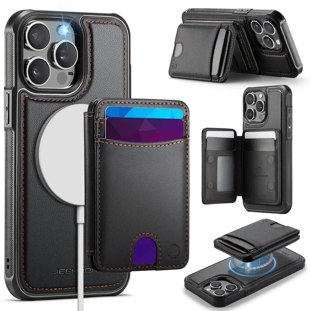 JEEHOOD For iPhone 14 Pro Max Case  J10  Compatible with MagSafe Leather Back Phone Cover with Detachable Card Holder Kickstand - Black - 1