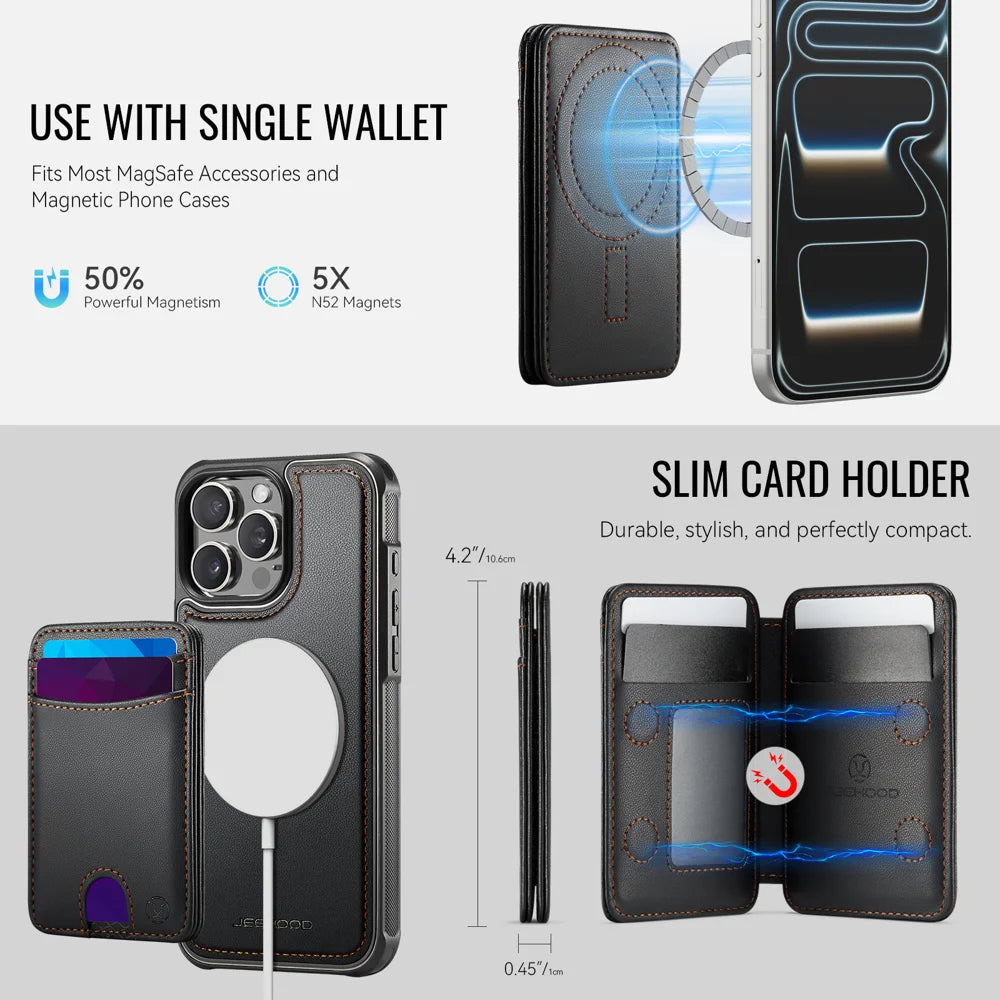 JEEHOOD For iPhone 14 Pro Max Case  J10  Compatible with MagSafe Leather Back Phone Cover with Detachable Card Holder Kickstand - Black - 6