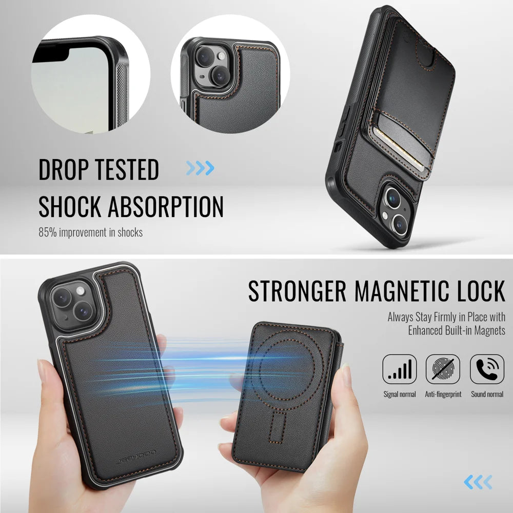 JEEHOOD For iPhone 13 6.1 inch Case  J10  Compatible with MagSafe Leather Back Phone Cover with Detachable Card Holder Kickstand - Black - 3