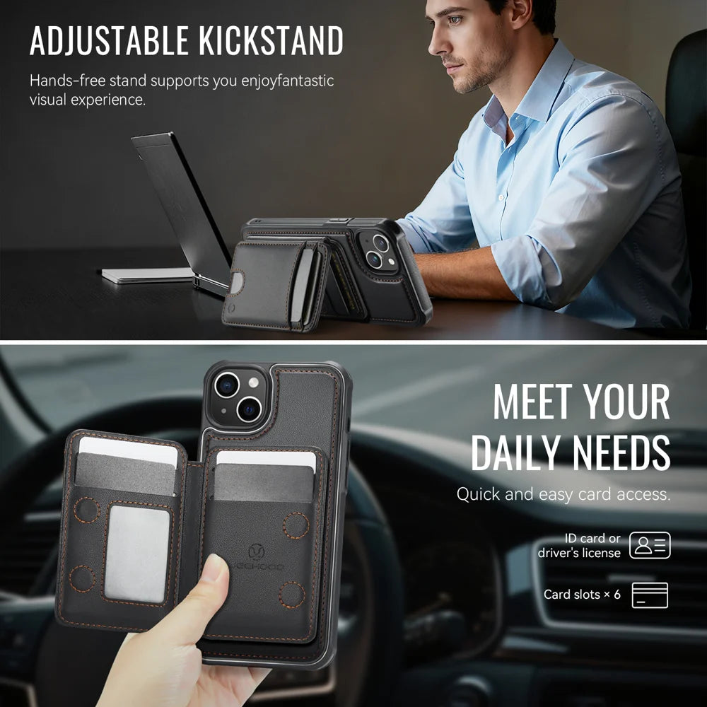 JEEHOOD For iPhone 13 6.1 inch Case  J10  Compatible with MagSafe Leather Back Phone Cover with Detachable Card Holder Kickstand - Black - 4
