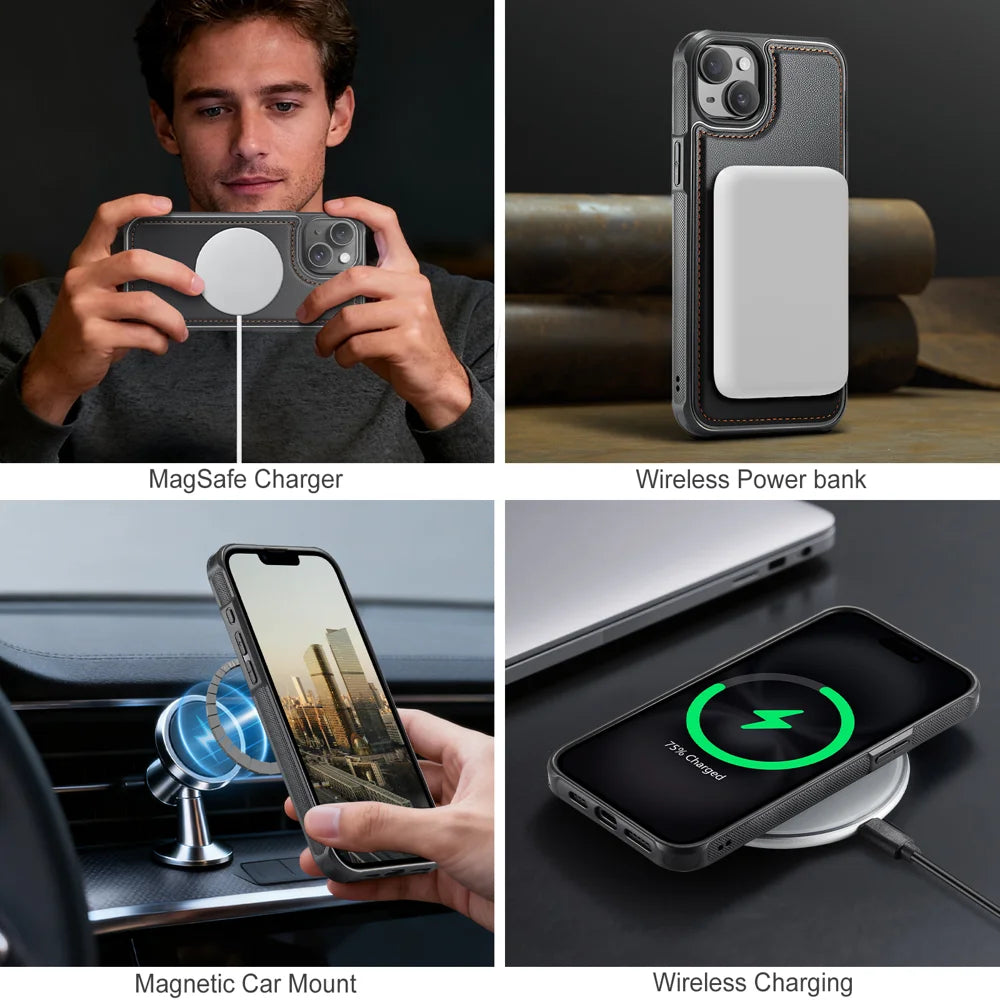 JEEHOOD For iPhone 13 6.1 inch Case  J10  Compatible with MagSafe Leather Back Phone Cover with Detachable Card Holder Kickstand - Black - 7