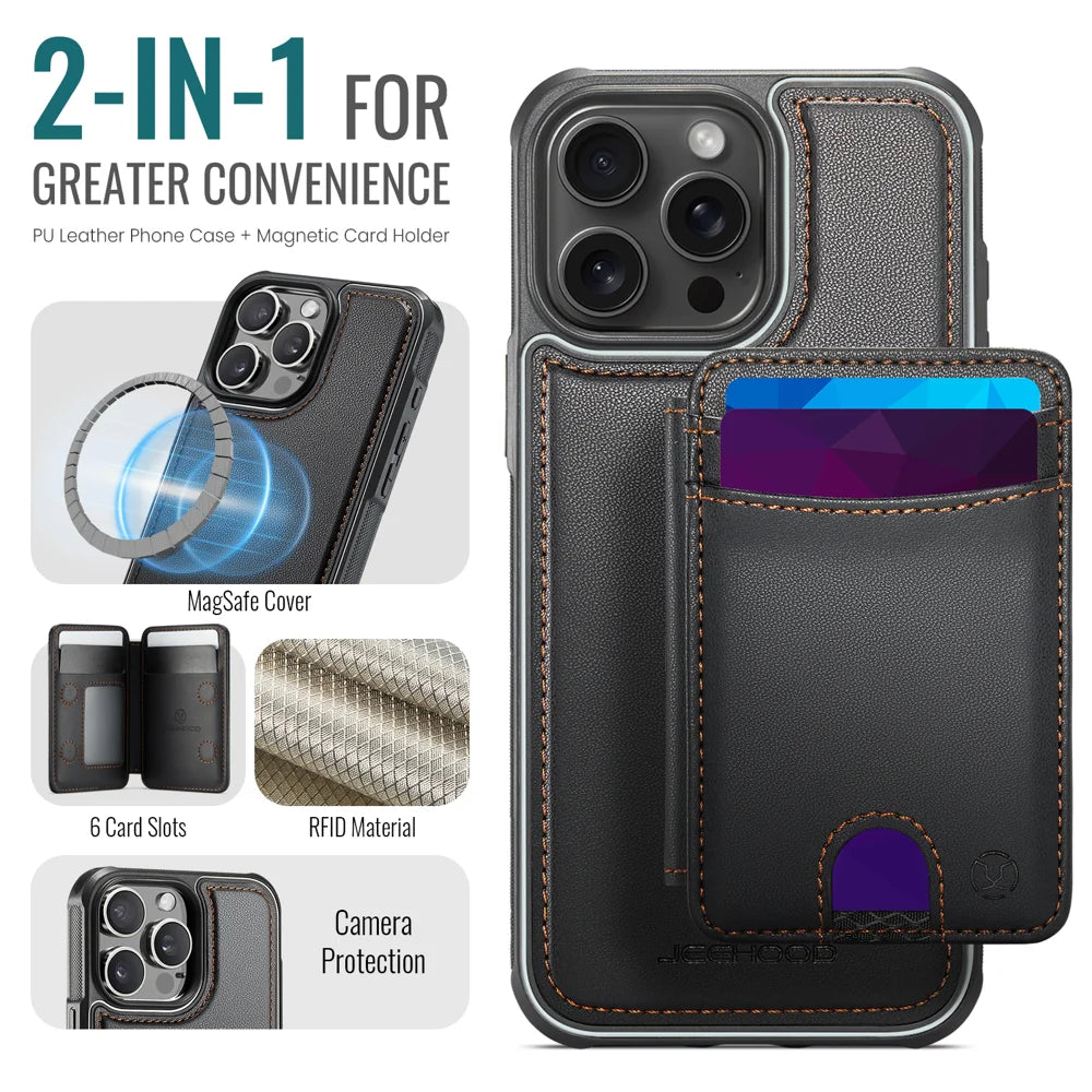 JEEHOOD For iPhone 12 Pro 6.1 inch / iPhone 12 6.1 inch Case  J10  Compatible with MagSafe Leather Back Phone Cover with Detachable Card Holder Kickstand - Black - 2