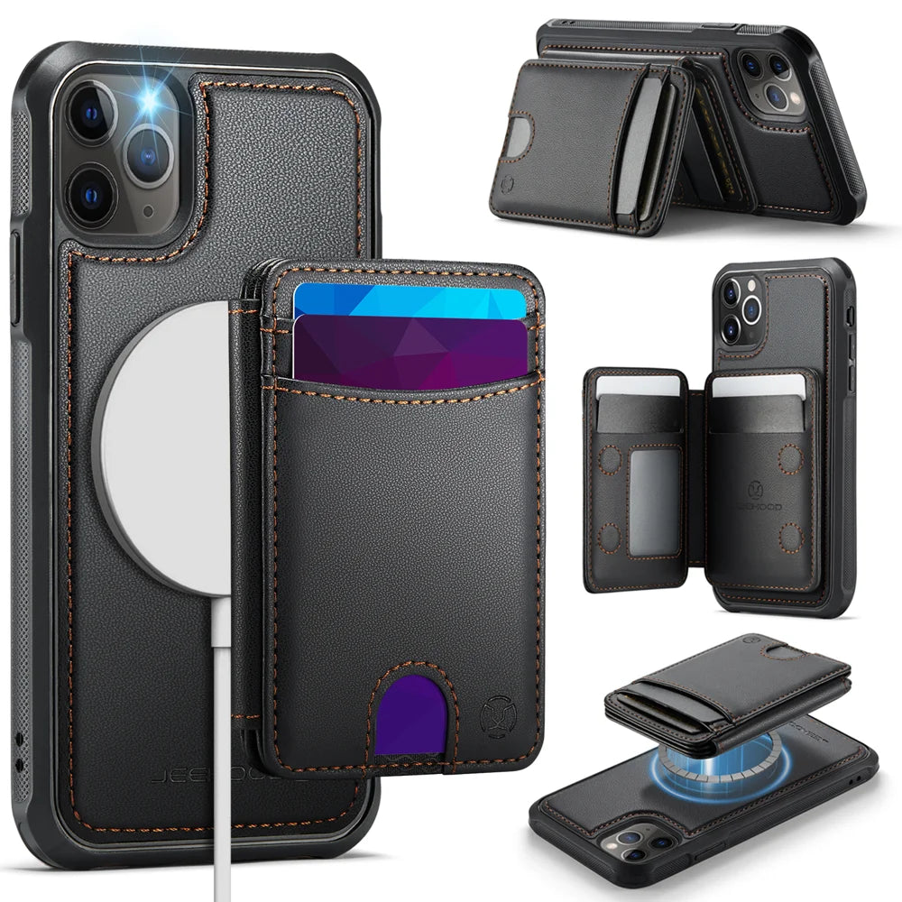JEEHOOD For iPhone 11 Pro Case  J10  Compatible with MagSafe Leather Back Phone Cover with Detachable Card Holder Kickstand - Black - 1