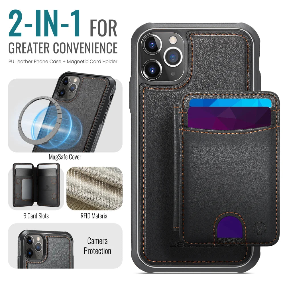 JEEHOOD For iPhone 11 Pro Case  J10  Compatible with MagSafe Leather Back Phone Cover with Detachable Card Holder Kickstand - Black - 2