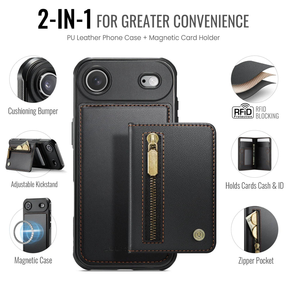 JEEHOOD For iPhone Air Case  J12 Magnetic  Detachable Zipper Wallet Kickstand Leather Back Cover Compatible with MagSafe - Black - 2