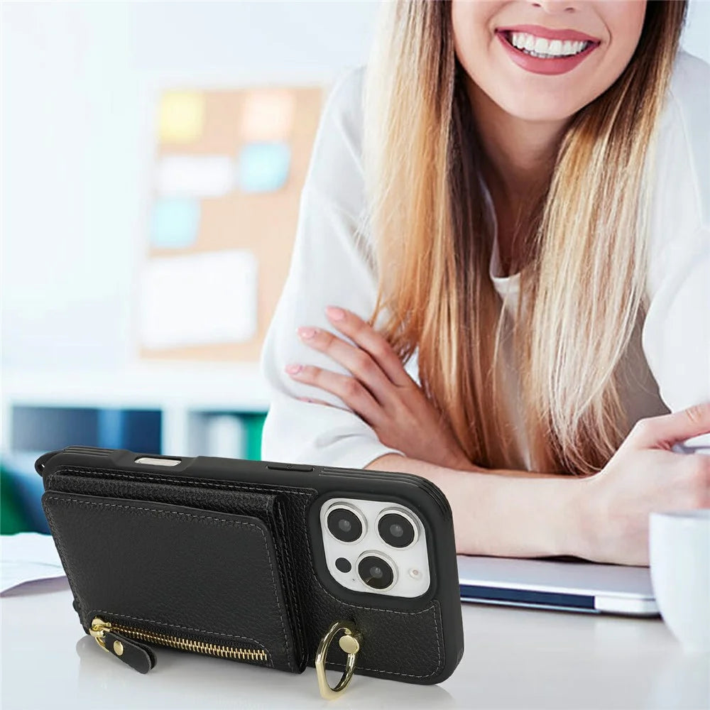 For iPhone 16 Pro Case Card Bag Ring Holder Litchi Texture Leather + TPU Phone Cover with Long Strap - Black - 5