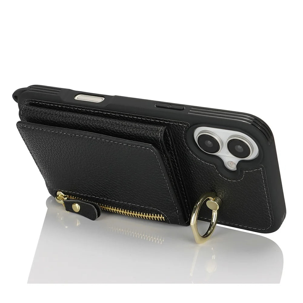 For iPhone 16 Case Card Bag Ring Holder Litchi Texture Leather + TPU Phone Cover with Long Strap - Black - 3