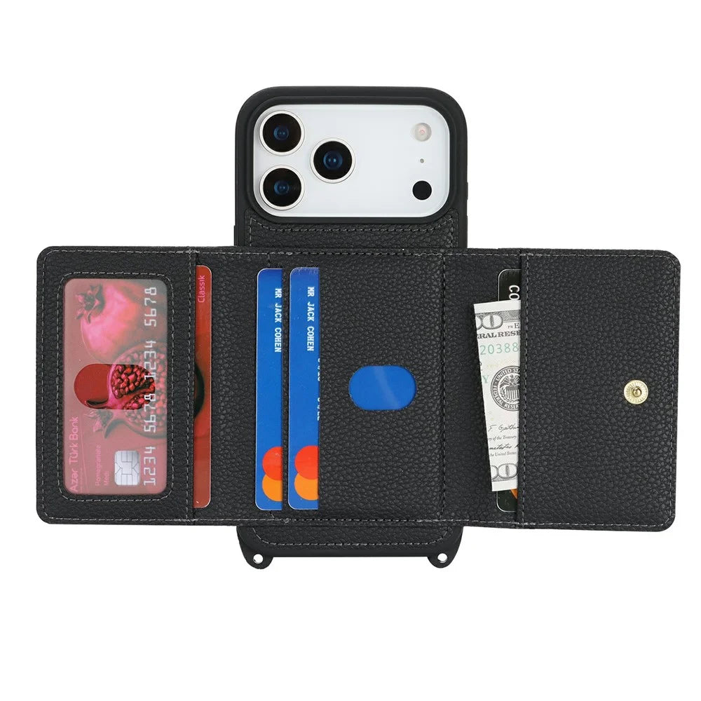 For iPhone 18 Pro Max / 17 Pro Max Case Card Bag Ring Holder Litchi Texture Leather+TPU Phone Cover with Long Strap - Black - 2