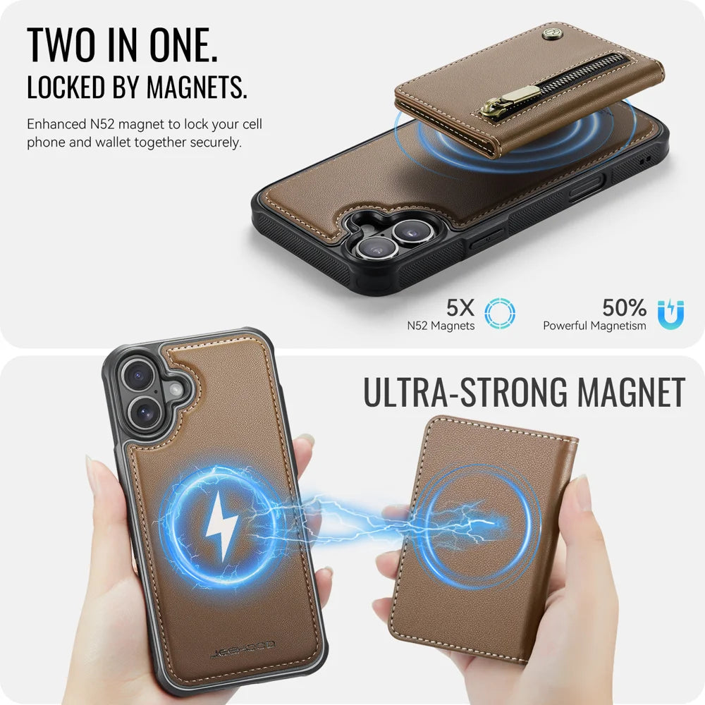 JEEHOOD For iPhone 16 Case  J12 Magnetic  Detachable Zipper Wallet Kickstand Leather Back Cover Compatible with MagSafe - Brown - 3