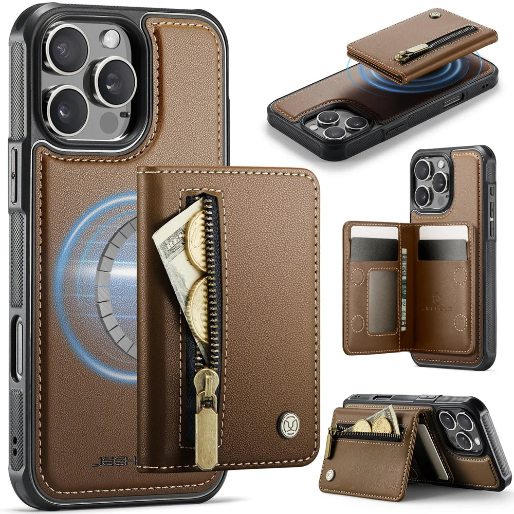 JEEHOOD For iPhone 16 Pro Max Case  J12 Magnetic  Detachable Zipper Wallet Kickstand Leather Back Cover Compatible with MagSafe - Brown - 1