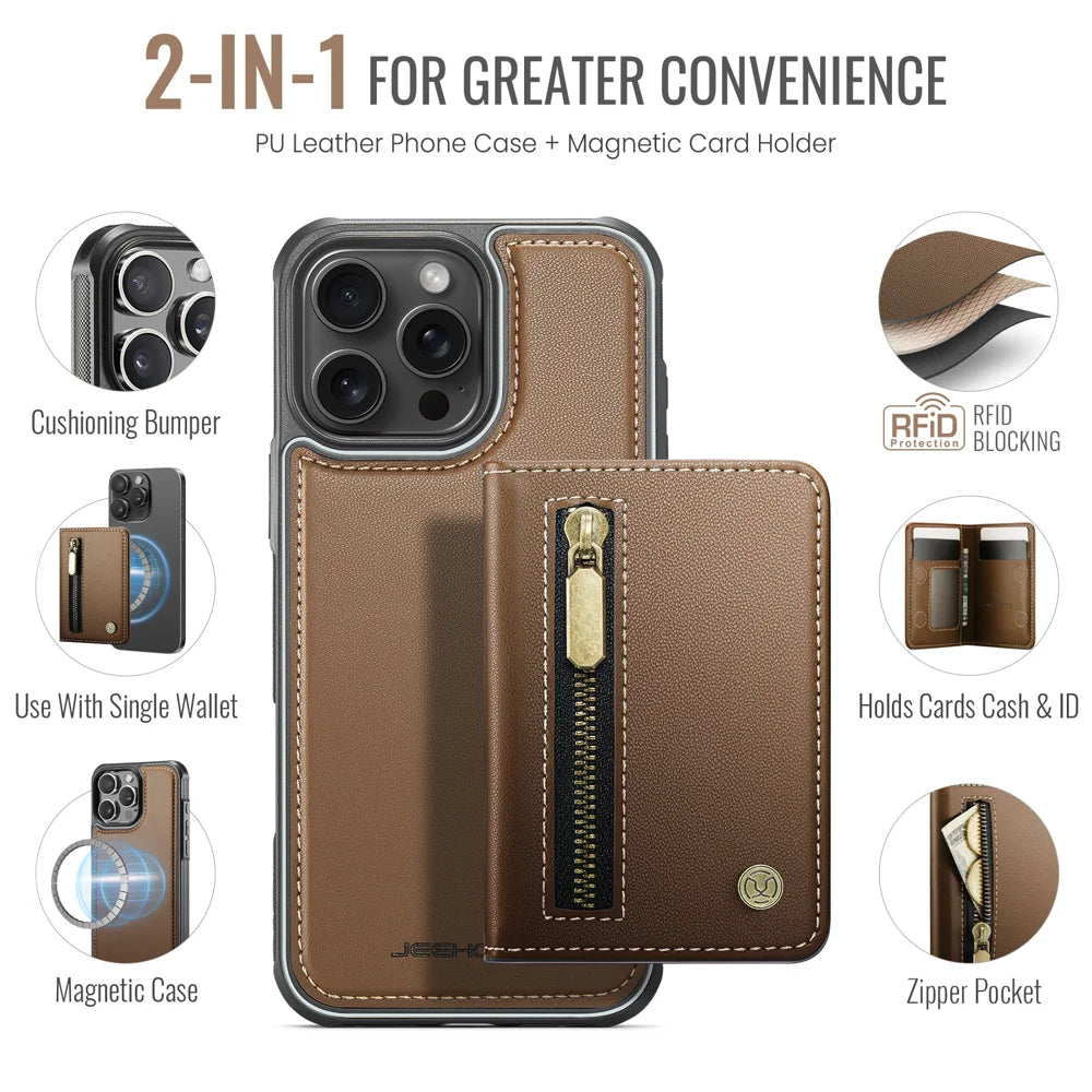 JEEHOOD For iPhone 16 Pro Max Case  J12 Magnetic  Detachable Zipper Wallet Kickstand Leather Back Cover Compatible with MagSafe - Brown - 2