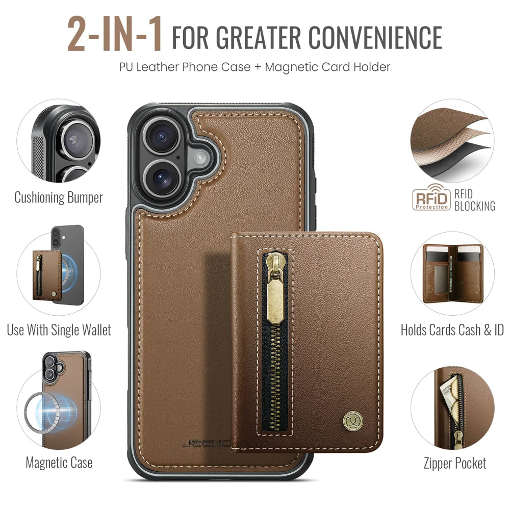 JEEHOOD For iPhone 16 Plus Case  J12 Magnetic  Detachable Zipper Wallet Kickstand Leather Back Cover Compatible with MagSafe - Brown - 2