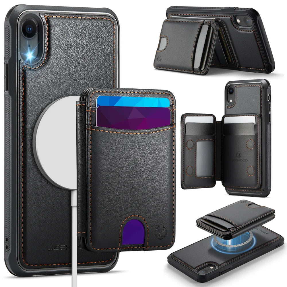 JEEHOOD For iPhone XR 6.1 inch Case  J10  Compatible with MagSafe Leather Back Phone Cover with Detachable Card Holder Kickstand - Black - 1