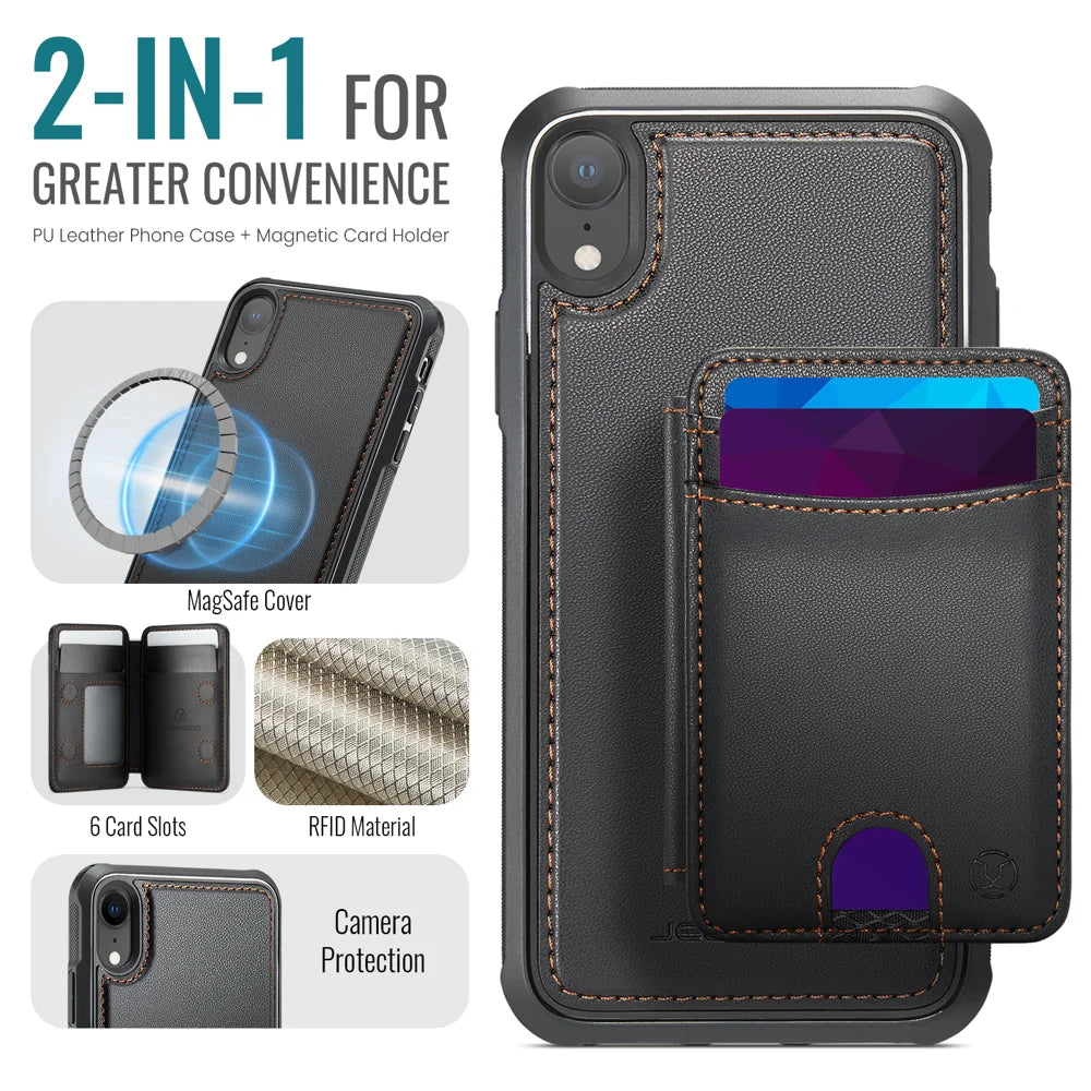 JEEHOOD For iPhone XR 6.1 inch Case  J10  Compatible with MagSafe Leather Back Phone Cover with Detachable Card Holder Kickstand - Black - 2