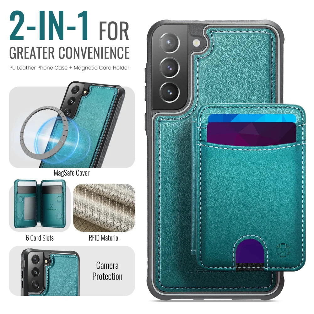 JEEHOOD For Samsung Galaxy S21 5G Case  J10  Magnetic Case Leather Back Phone Cover with Detachable Card Holder Kickstand - Blue - 2