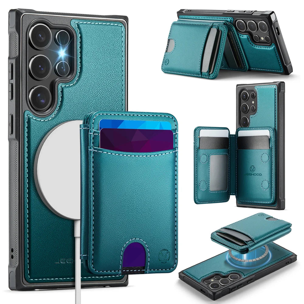 JEEHOOD For Samsung Galaxy S24 Ultra Case  J10  Magnetic Case Leather Back Phone Cover with Detachable Card Holder Kickstand - Blue - 1