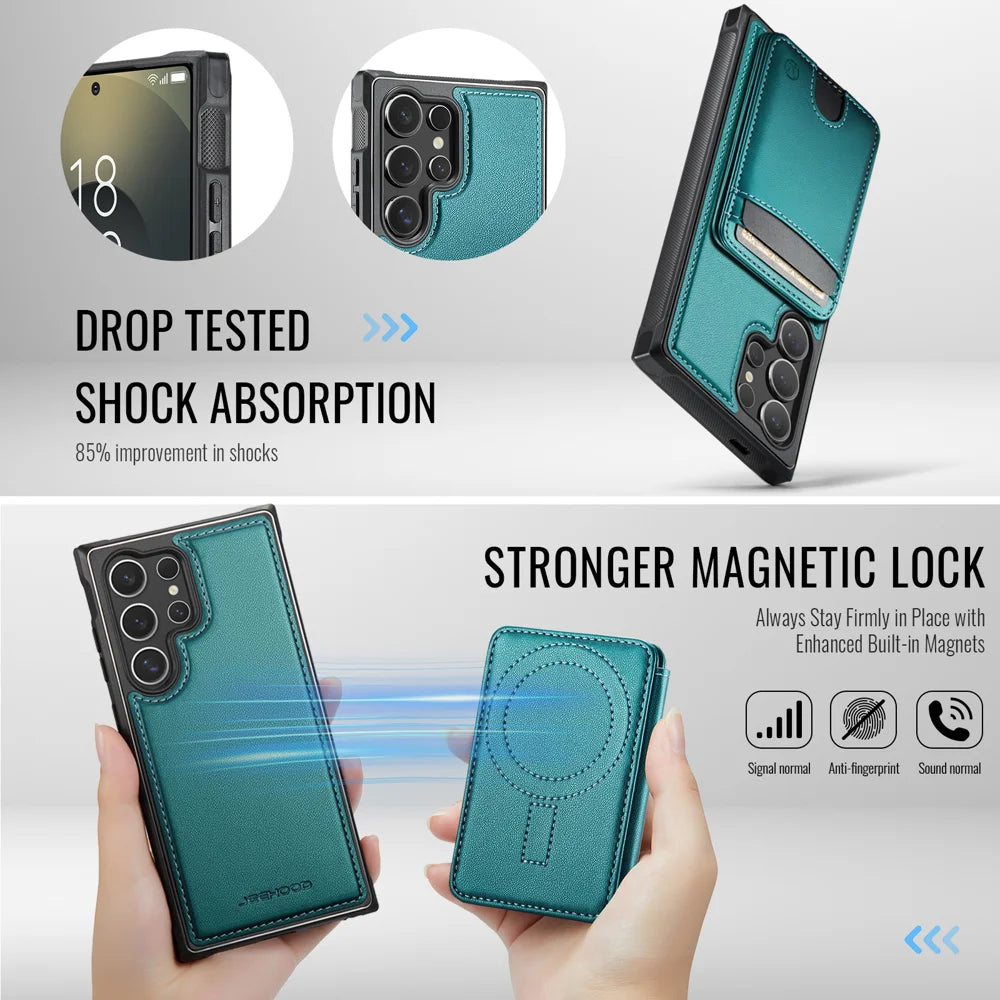 JEEHOOD For Samsung Galaxy S25 Ultra Case  J10 Magnetic Case Leather Back Phone Cover with Detachable Card Holder Kickstand - Blue - 3