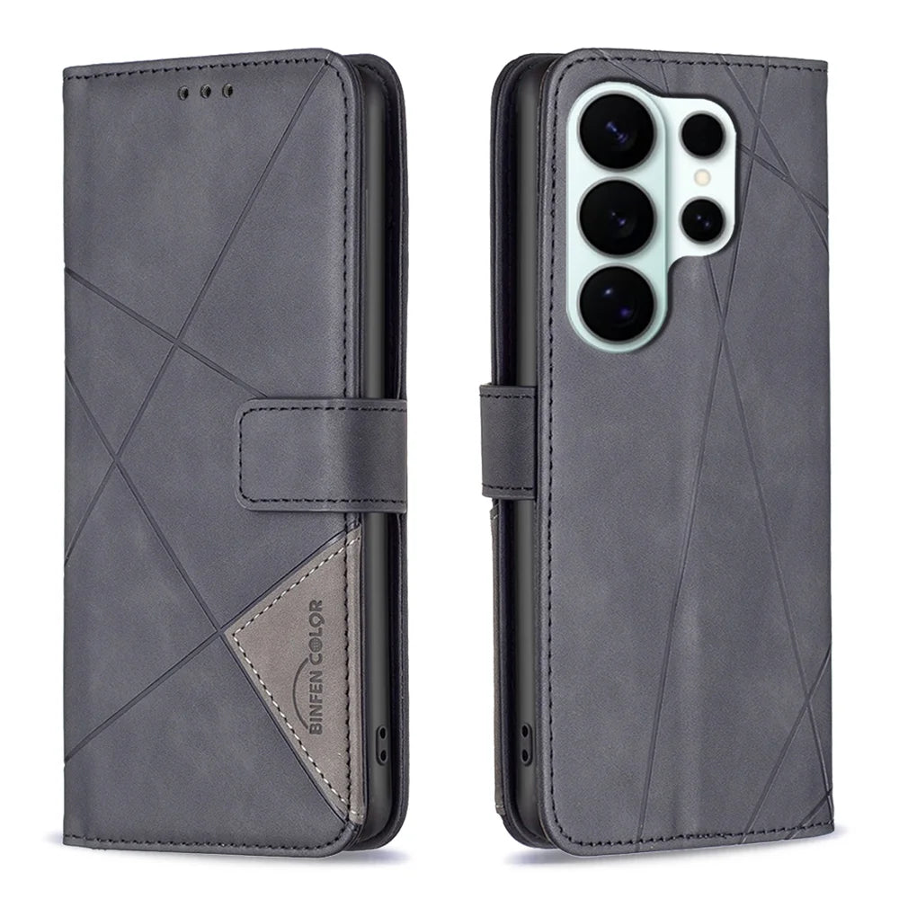 BINFEN COLOR For Samsung Galaxy S26 Ultra Phone Case  Wallet Stand Geometry Imprinted Leather Cover - Black - 1