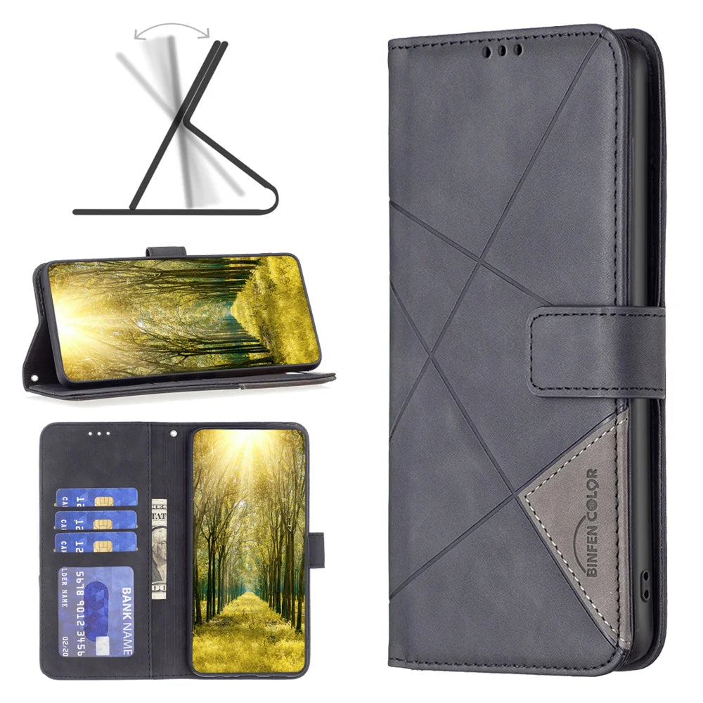 BINFEN COLOR For Samsung Galaxy S26 Ultra Phone Case  Wallet Stand Geometry Imprinted Leather Cover - Black - 4