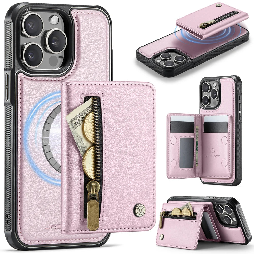 JEEHOOD For iPhone 15 Pro Case  J12 Magnetic  Detachable Zipper Wallet Kickstand Leather Back Cover Compatible with MagSafe - Pink - 1