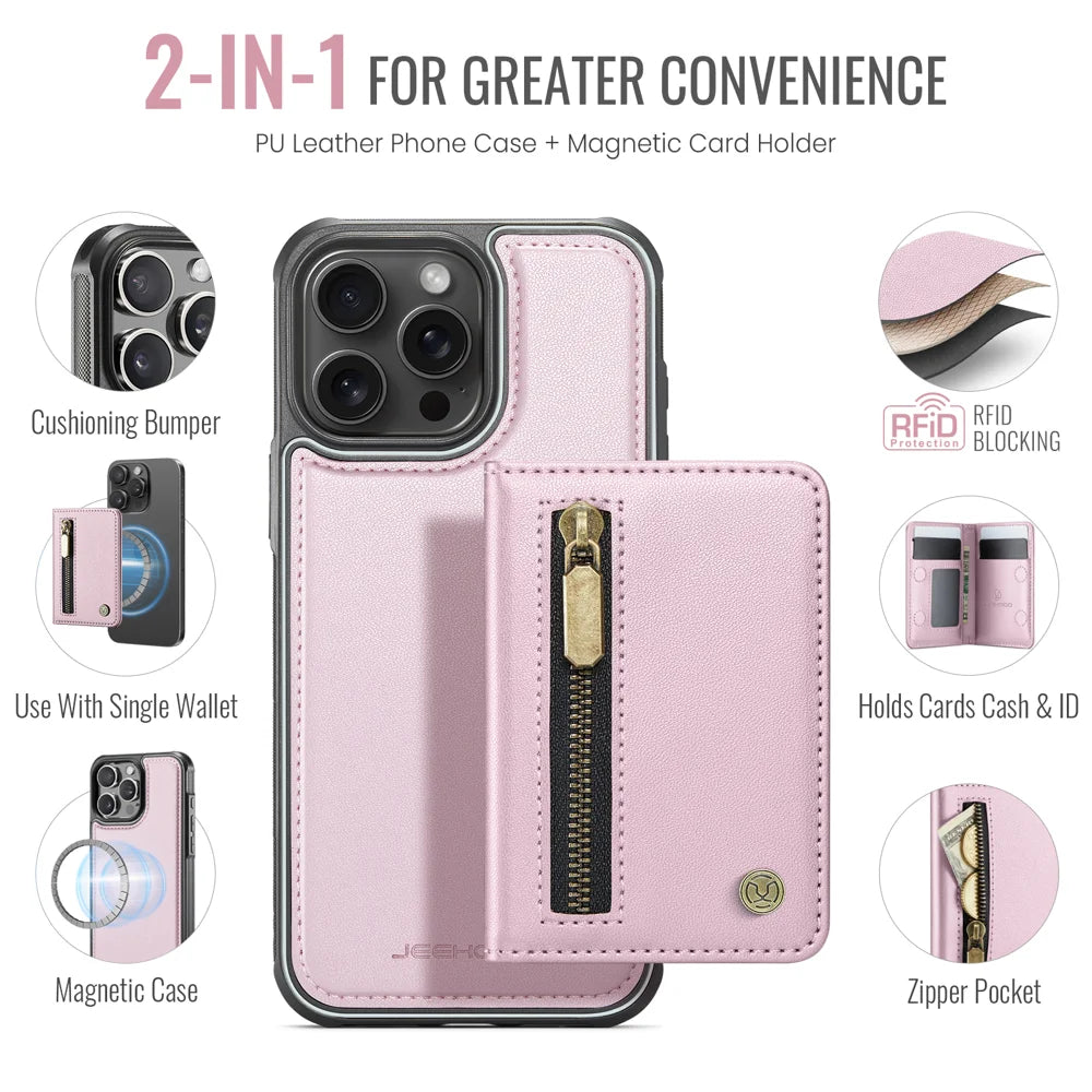 JEEHOOD For iPhone 15 Pro Case  J12 Magnetic  Detachable Zipper Wallet Kickstand Leather Back Cover Compatible with MagSafe - Pink - 2