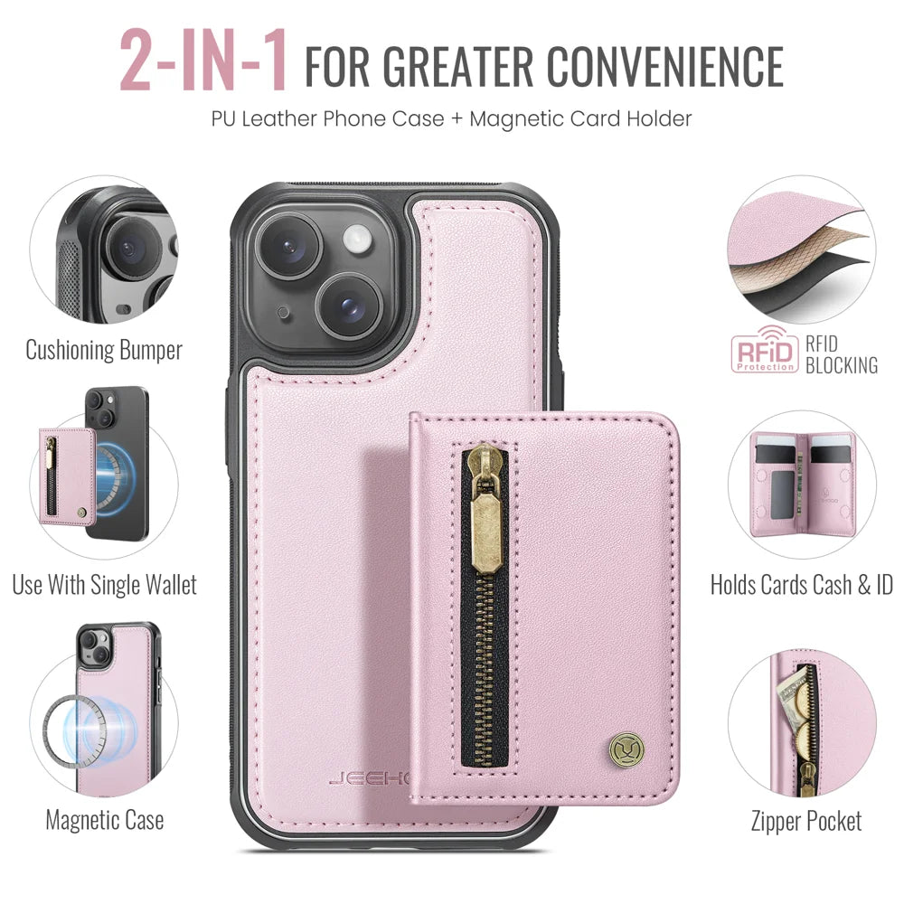 JEEHOOD For iPhone 15 Plus / iPhone 14 Plus Case  J12 Magnetic  Detachable Zipper Wallet Kickstand Leather Back Cover Compatible with MagSafe - Pink - 2