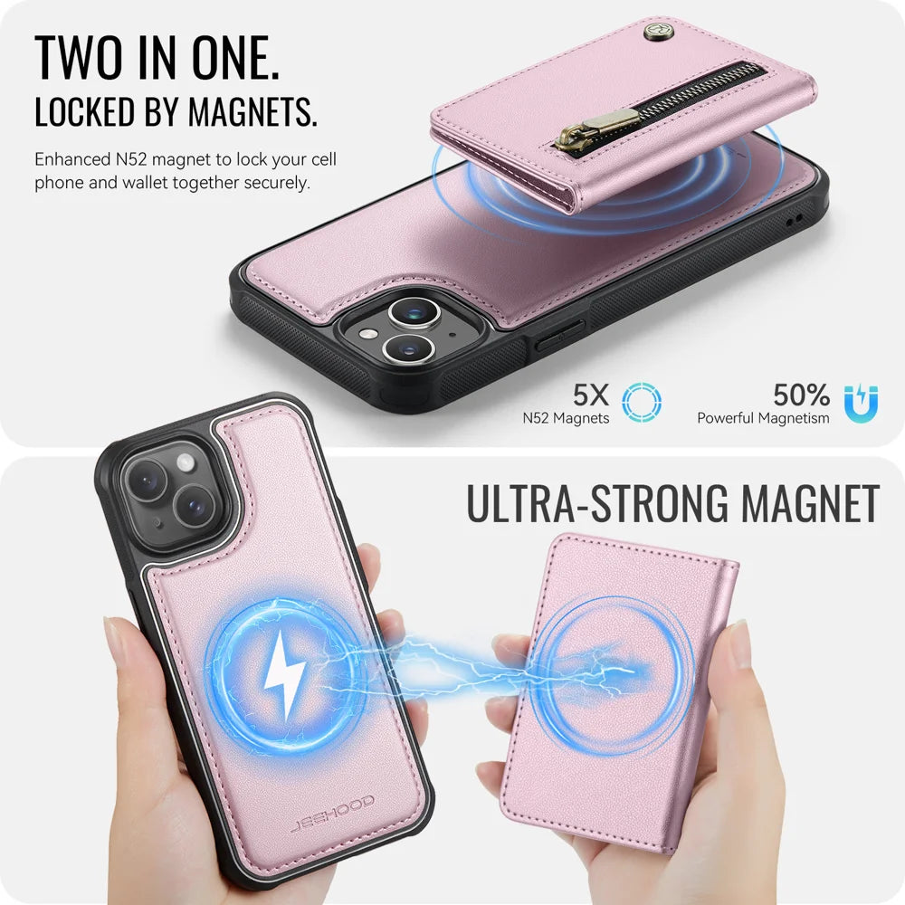 JEEHOOD For iPhone 15 Plus / iPhone 14 Plus Case  J12 Magnetic  Detachable Zipper Wallet Kickstand Leather Back Cover Compatible with MagSafe - Pink - 3