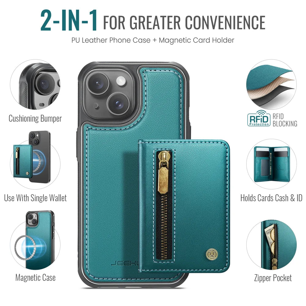 JEEHOOD For iPhone 14 Case  J12 Magnetic  Detachable Zipper Wallet Kickstand Leather Back Cover Compatible with MagSafe - Blue - 2