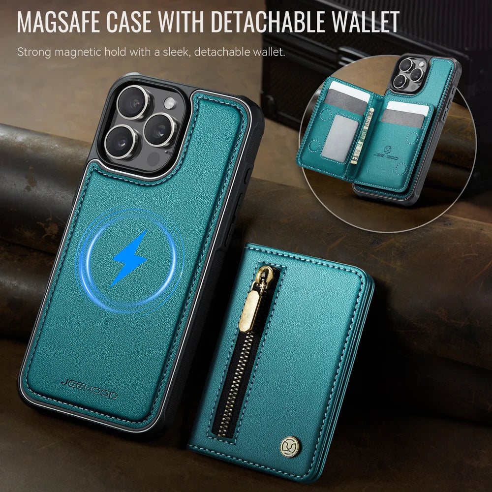 JEEHOOD For iPhone 14 Pro Case  J12 Magnetic  Detachable Zipper Wallet Kickstand Leather Back Cover Compatible with MagSafe - Blue - 4