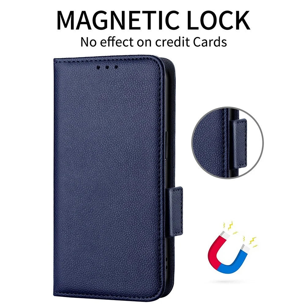 For OnePlus 15 5G Case Litchi Texture Wallet Leather Phone Cover with Wrist Strap - Dark Blue - 5