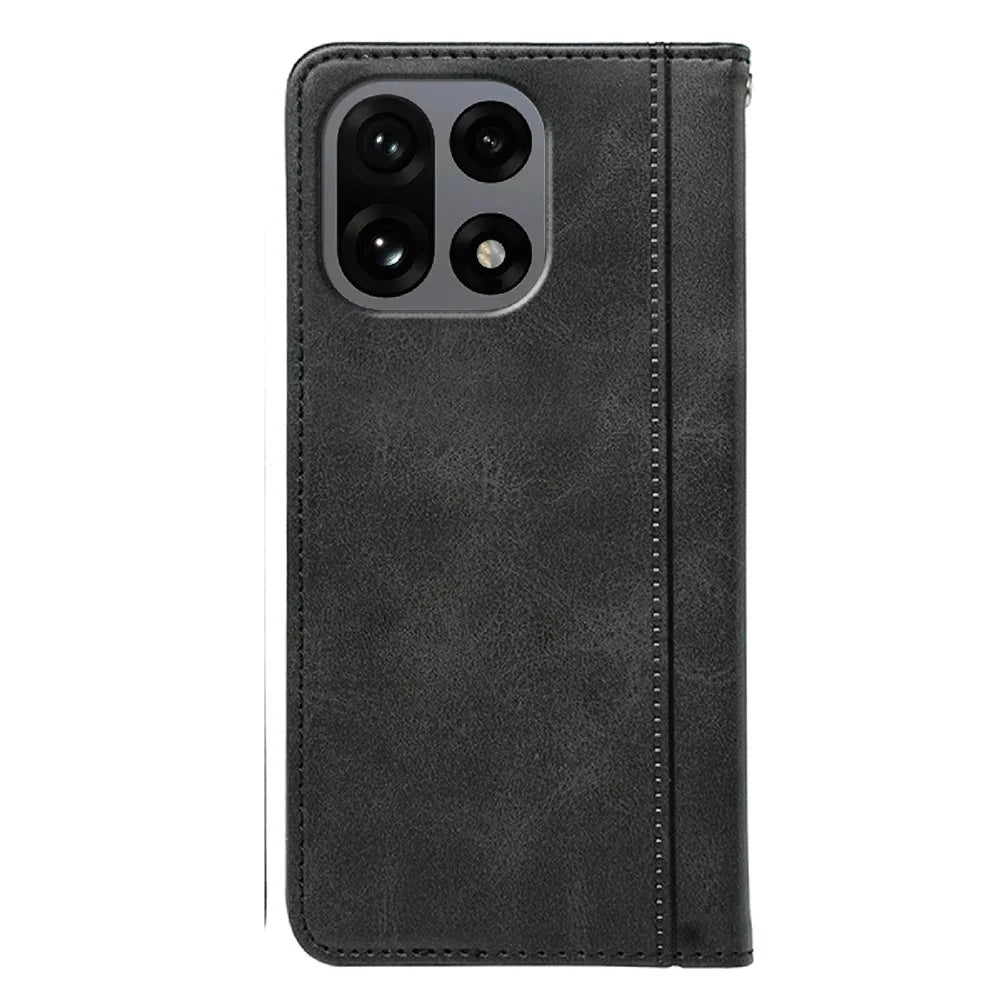 For OnePlus 15 5G Case Hidden Magnetic Closure Calf Texture Leather Phone Cover - Black - 5