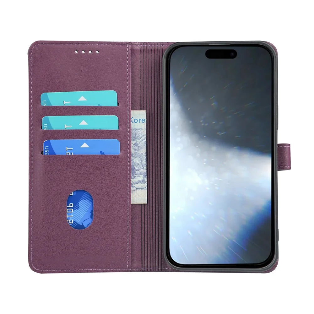 For iPhone 17 Case Magnetic Clasp Four Leaf Clover Leather Phone Cover - Dark Purple - 2
