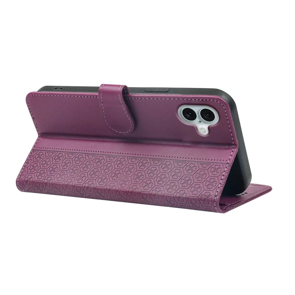 For iPhone 17 Case Magnetic Clasp Four Leaf Clover Leather Phone Cover - Dark Purple - 4