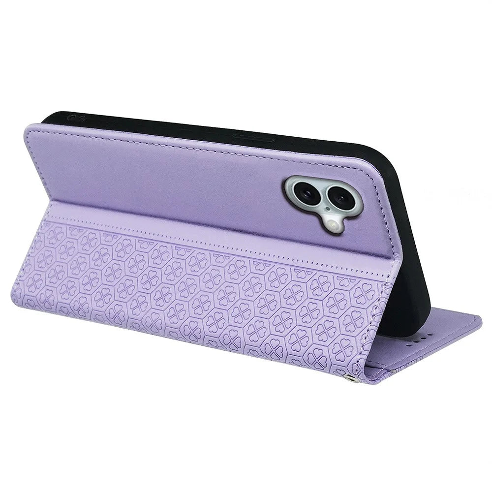For iPhone 17 Case Four Leaf Clover Leather Flip Phone Cover Stand Wallet - Light Purple - 4