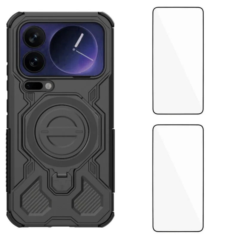 WANLONFENG For Xiaomi 17 Pro Case Kickstand with 2Pcs Screen Film  KJ Series PC TPU Phone Cover (Big Lens Hole) - Black - 1