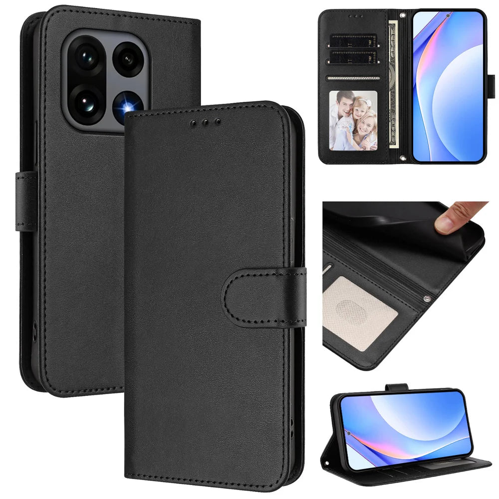 For OnePlus 15 5G Wallet Case RFID Blocking Calf Texture Leather Stand Phone Cover with Strap - Black - 2